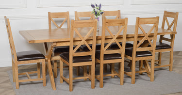 Vermont Cross Leg Oak Extending Dining Table with 8 Berkeley Oak and Brown Leather Chairs