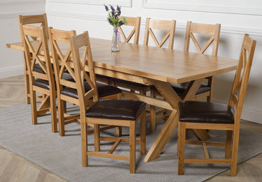 Vermont Cross Leg Oak Extending Dining Table with 8 Berkeley Oak and Brown Leather Chairs