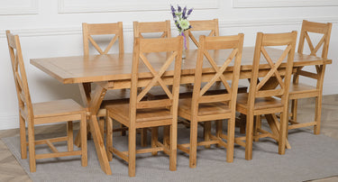 Vermont Cross Leg Oak Extending Dining Table with 8 Berkeley Oak Chairs