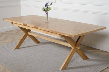 Vermont Cross Leg Oak Extending Dining Table with 8 Washington Black Leather Chairs
